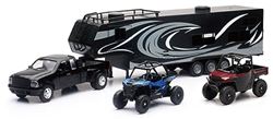 Picture of New Ray Toys 37046 Die cast Pick up Truck with Toy Hauler and 2 Polaris Vehicles (Blue RZR and red Ranger)